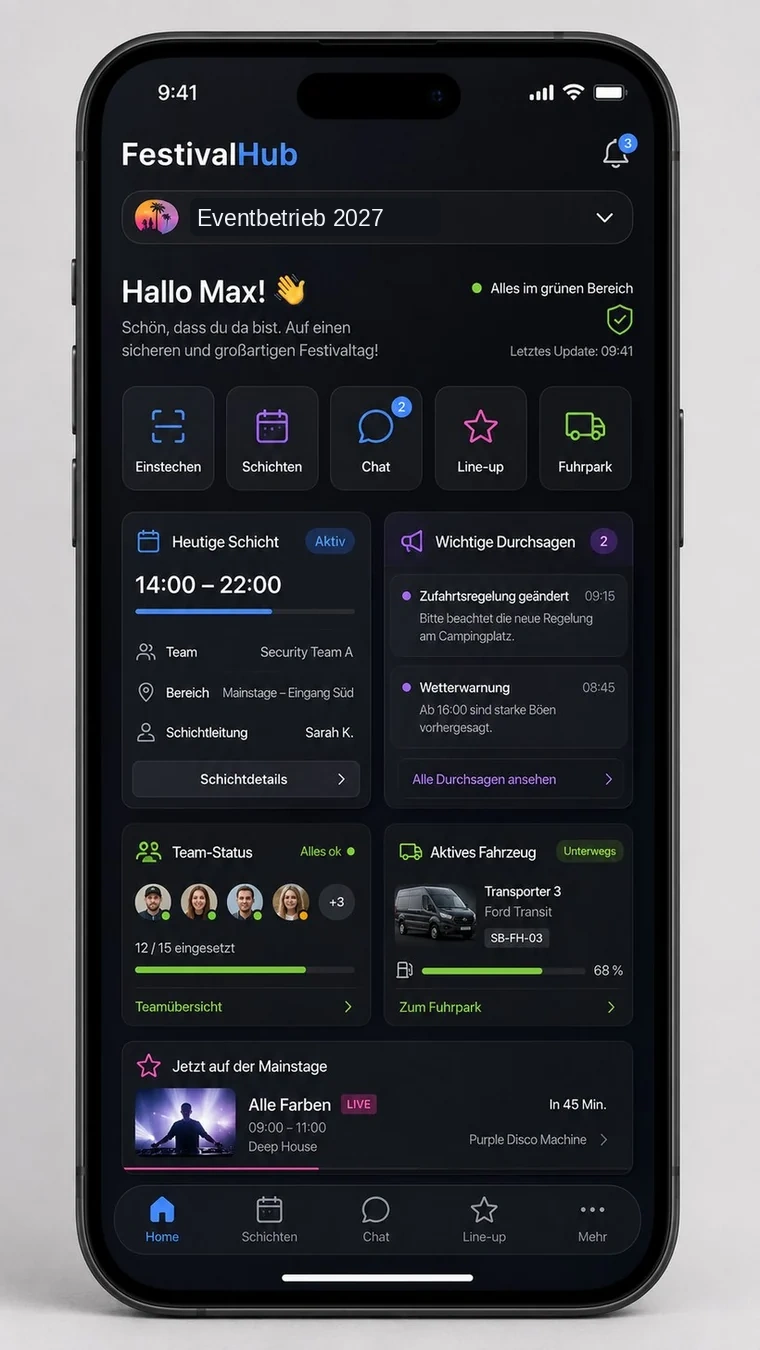 FestivalHub App Dashboard mit Schicht, Chat, Line-up und Fuhrpark